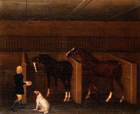 A groom, horses and a dog in a stable von James Seymour