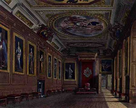 The King's Presence Chamber, Windsor Castle, from 'Royal Residences', engraved by W. J. Bennett, pub von James Stephanoff