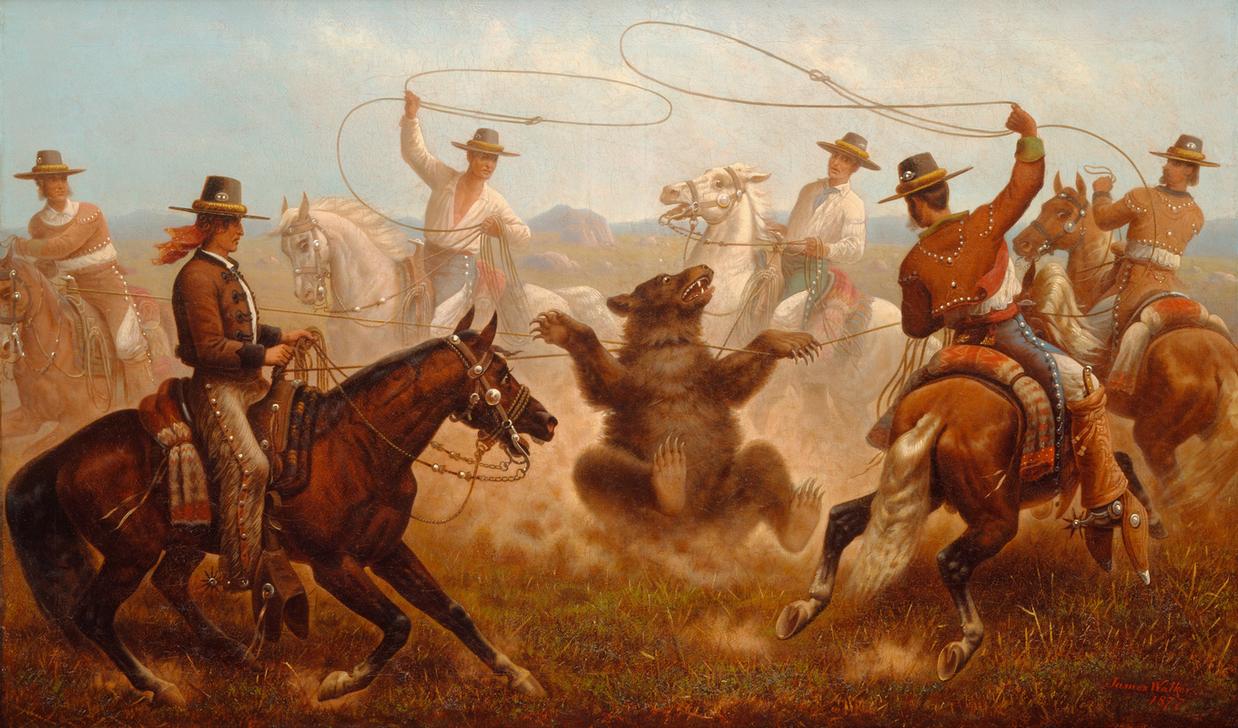 Cowboys Roping a Bear (Cowboys fangen einen Bären mit Lassos) von James Walker