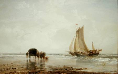 On the Beach: Two Fishing Boats and a Group of Women von James Webb