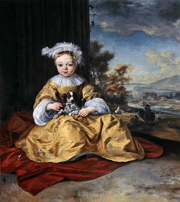 A Child in a yellow dress holding a dog (oil on canvas) von Jan Baptist Weenix