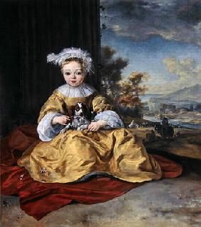 A Child in a yellow dress holding a dog (oil on canvas) 1733