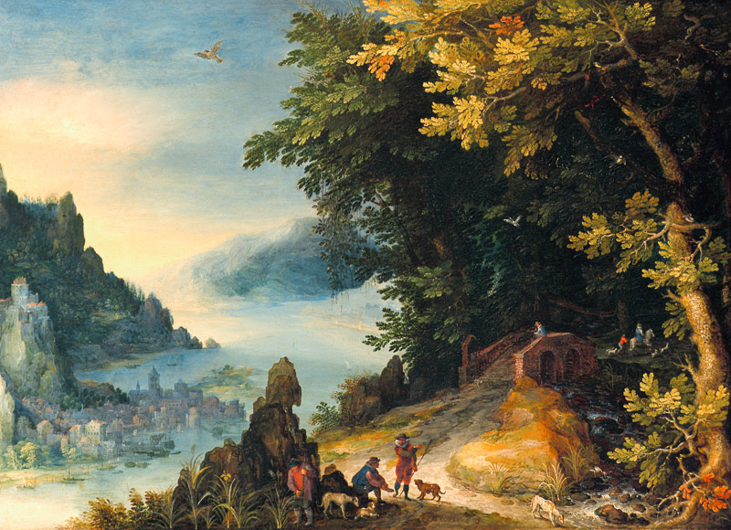 Weite Flusslandschaft mit rastenden Wanderern von Jan Brueghel d. Ä.