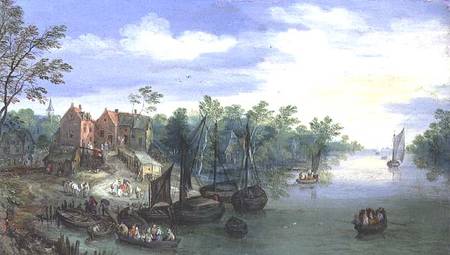 Rivercraft near a Jetty von Jan Brueghel d. Ä.