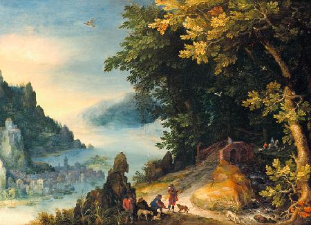 Weite Flusslandschaft mit rastenden Wanderern 1594