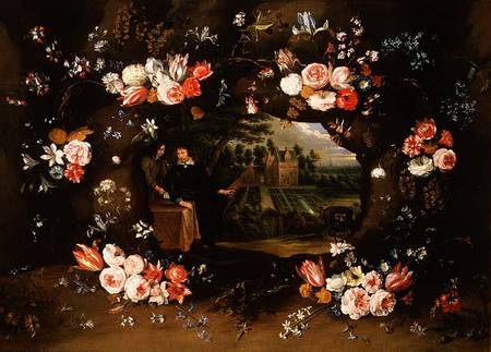 Garland of Flowers Encircling a Medallion Representing Nicolas de Man in front of his Property at An von Jan Brueghel d. J.