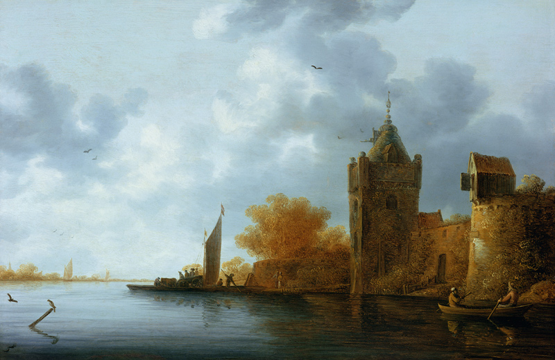 River estuary with a tower and fortified walls, ferry embarking von Jan Coelenbier