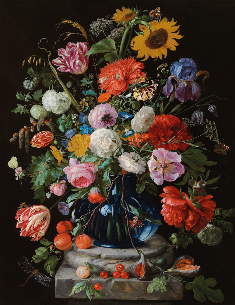 Tulpen, eine Sonnenblume, eine Iris und andere Blumen in einer Glasvase von Jan Davidsz de Heem