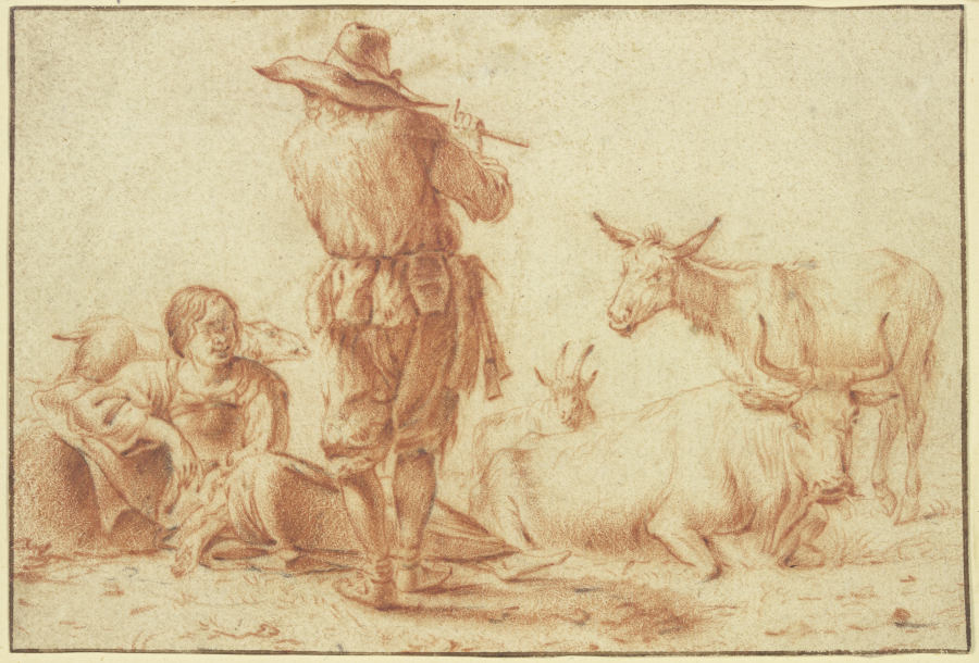 Ein Hirte in Rückenansicht bläst die Flöte, eine Hirtin sitzt dabei mit einigem Vieh von Jan Frans Soolmaker