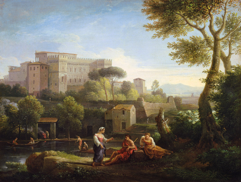 Landscape with figures and a fortress by a river (pair of 81826) von Jan Frans van Bloemen