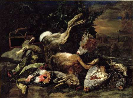 Still Life with a Hare, Song Birds and a Bird Net with a Spaniel Beyond von Jan Fyt