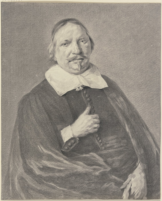 Brustbild eines Mannes mit Schnurr und Zwirbelbart, im Mantel die rechte Hand auf der Brust von Jan Gerard Waldorp