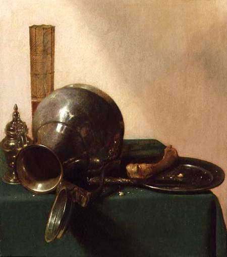 A still life of an overturned jug, a glass of wine, a bone on a plate, all on a green tablecloth von Jan Jansz. den Uyl
