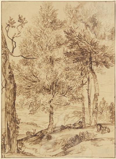 Ein Schäfer auf einem Hügel unter Bäumen liegend