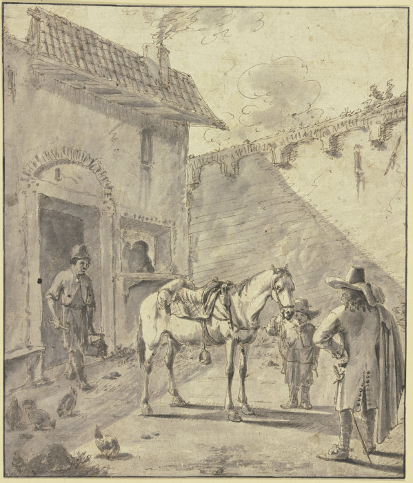 In dem Hof einer Schmiede ist ein Kavalier im Begriff, sein Pferd beschlagen zu lassen von Jan Miel