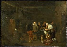 Bauernfamilie beim Mittagessen in der Küche
