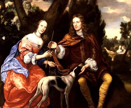 Portrait of a Gentleman and his Wife Holding an Arrow, Seated with their Dog von Jan Mytens