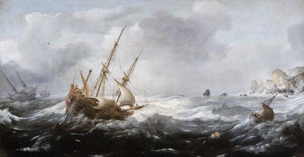 Schiffe im Sturm an einer felsigen Küste