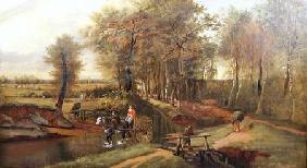 A Wooded River Landscape with Figures, Horse and Cart 1692