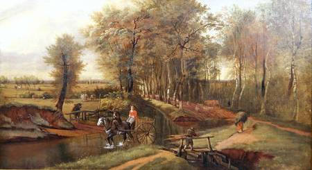 A Wooded River Landscape with Figures, Horse and Cart von Jan Siberechts