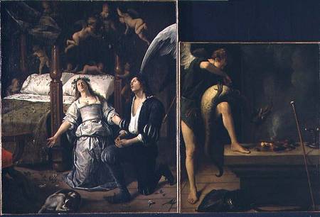 Tobias and Sarah with the Archangel Raphael exorcising the demon Asmodeus, reassembled from two sepa von Jan Steen