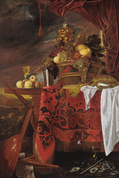 Still Life with Basket of Fruit and Landscape beyond von Jan van Dalen