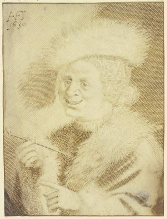 Ein Mann mit Pelzmütze und Pelzrock lachend eine Pfeife haltend von Jan van de Velde II
