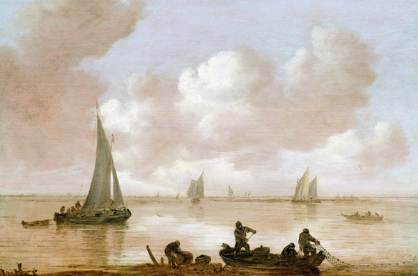 An estuary with fisherman hauling in their nets, with sailing boats behind von Jan van Goyen