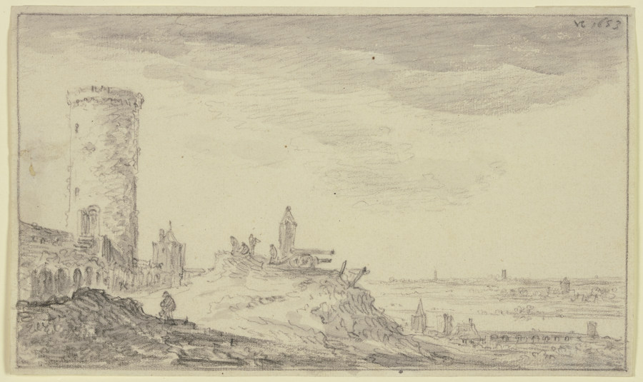 Befestigung, bei einem Kundeturm zwei Kanonen und ein Schilderhaus von Jan van Goyen