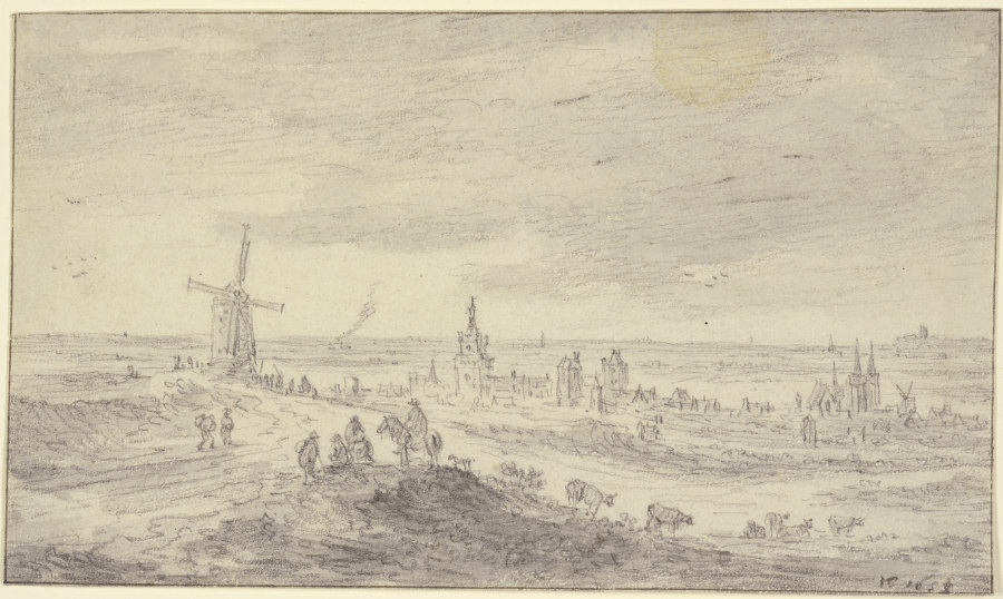 Eine befestigte Stadt mit vielen Häusern, vorn links eine Windmühle, dabei viele Figuren, vorn ein R von Jan van Goyen