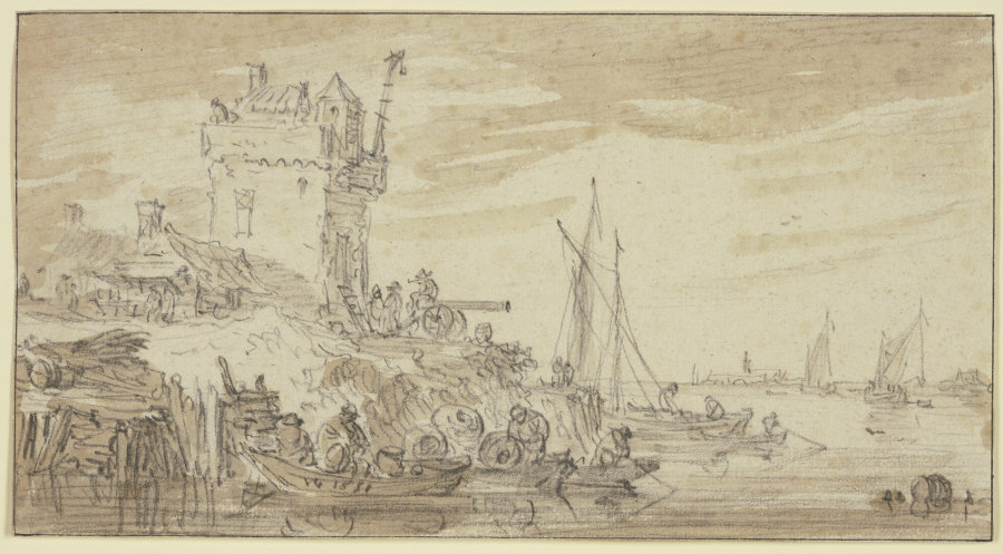 Links an einem Fluss ein befestigter Turm, dabei eine Kanone auf welcher ein Mann sitzt von Jan van Goyen