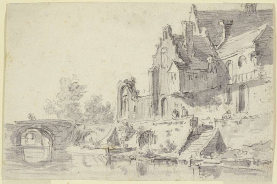 Rechts an einem Wasser alte Häuser mit einer Treppe, über das Wasser führen zwei steinerne Brücken von Jan van Goyen