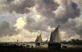 A Canal in Holland, or Two Large Sailing Ships and Cattle Near a River 1647