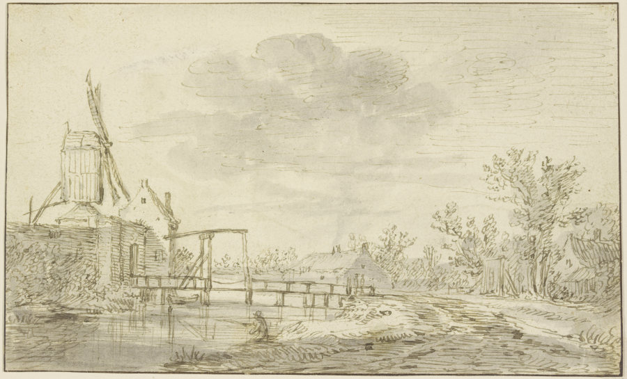 Windmühle auf einer Mauer links, zu der eine Zugbrücke über einen Bach führt von Jan van Goyen