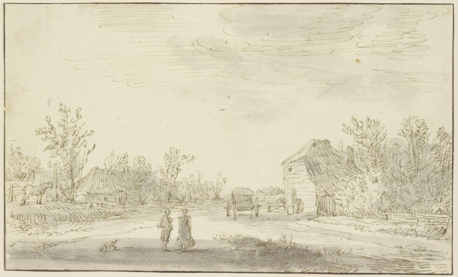 Zwei Figuren und ein Hund vorn auf einem Weg, rechts zurück hält ein Karren vor einem Gehöft, dahint von Jan van Goyen