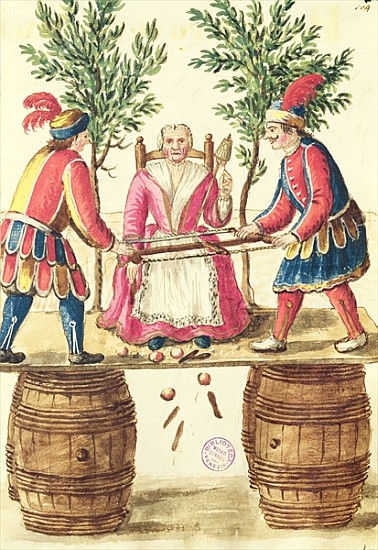 Two Venetian magicians sawing a woman in half von Jan van Grevenbroeck