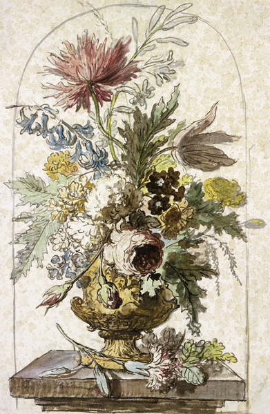 Blumenbouquet in einer Vase, vorne liegt eine Nelke von Jan van Huysum