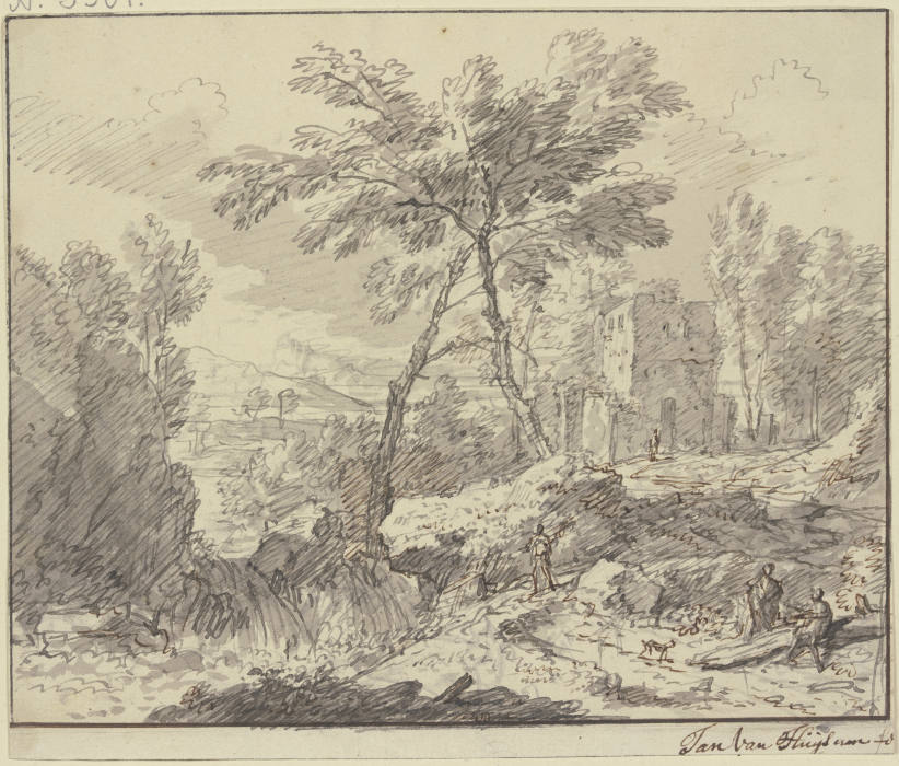 Landschaft mit einem Wasserfall, rechts an einem Baumstamm zwei Figuren von Jan van Huysum