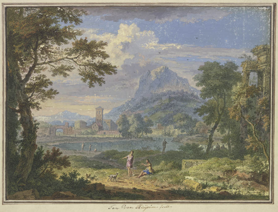 Landschaft mit einer italienischen Stadt bei einem hohen Berg, rechts die Ruine eines Tempels, im Vo von Jan van Huysum