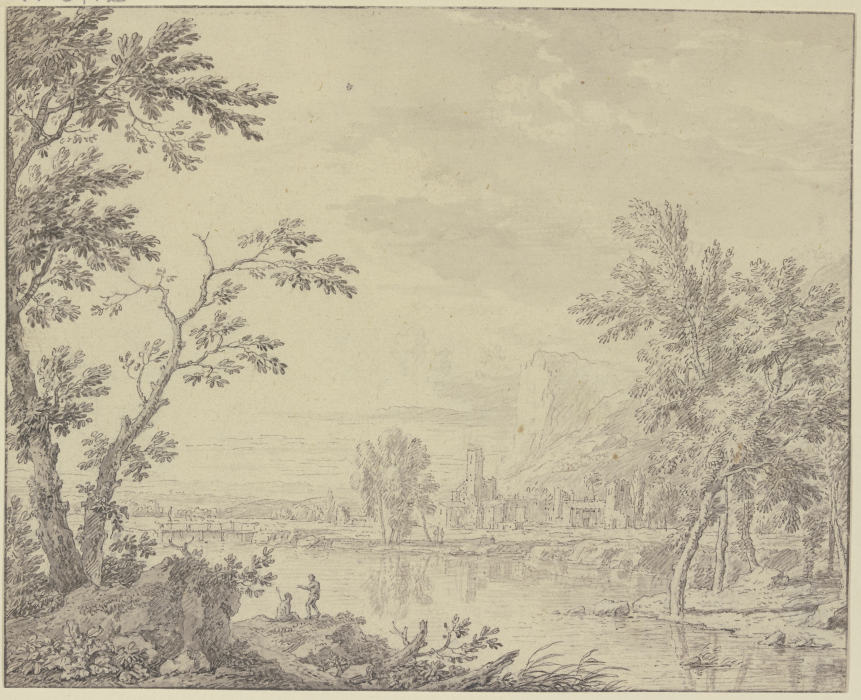 Landschaft mit einer Stadt am Wasser von Jan van Huysum