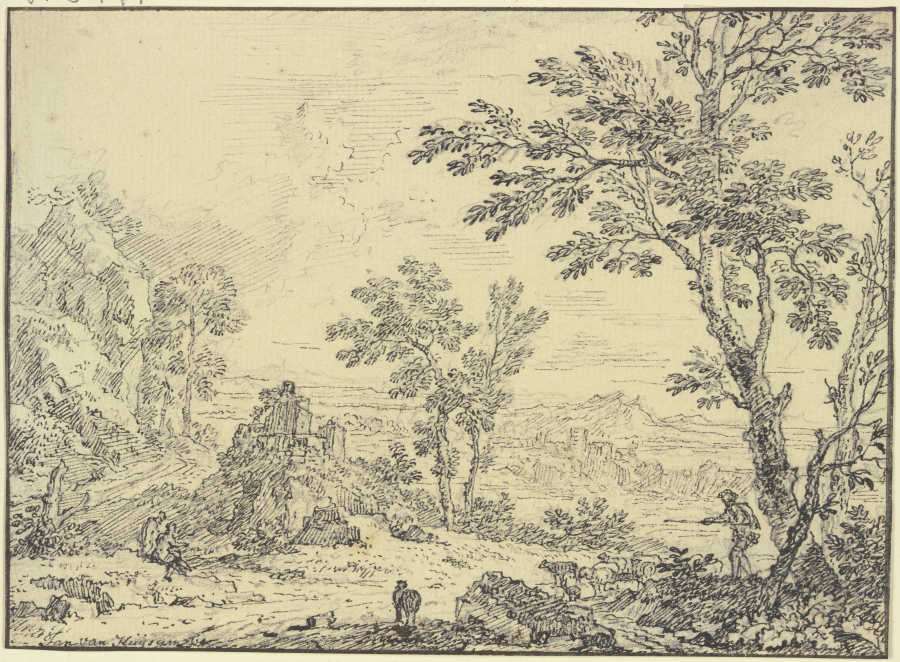 Landschaft mit Ruinen, vorne rechts ein Schafhirte von Jan van Huysum