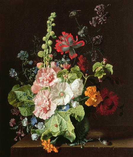 Hollyhocks and Other Flowers in a Vase 18. Jh