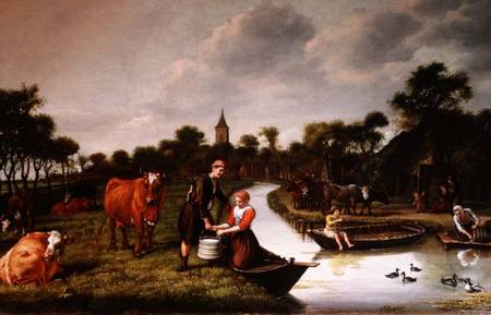 River Landscape with a couple carrying a milk churn von Jan Victors