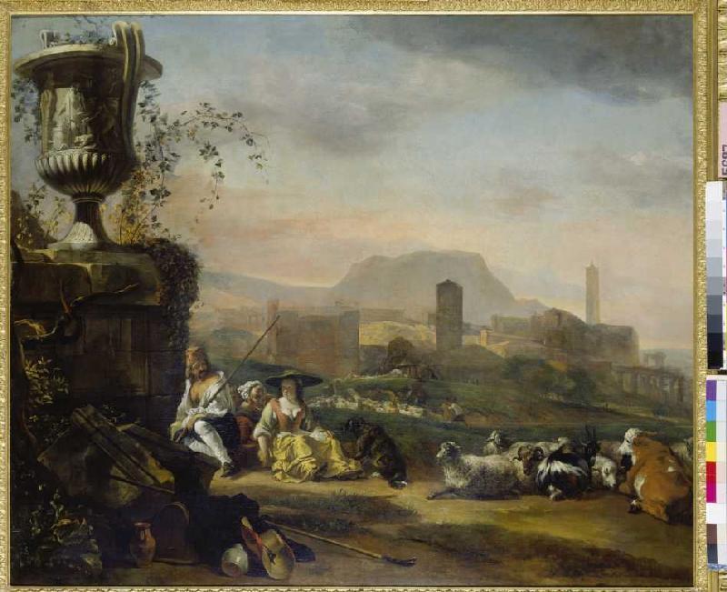 Römische Landschaft mit Hirten und Herde von Jan Weenix