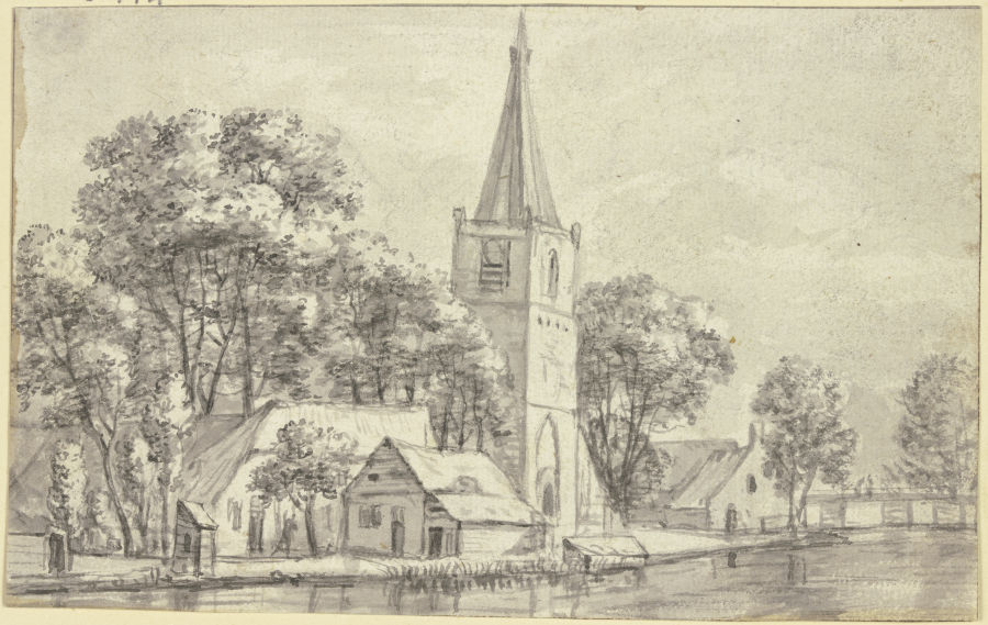 Dorfkirche unter Bäumen am Kanal von Jan van Kessel