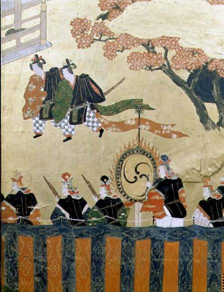 Detail from a four leaf screen depicting two courtiers wearing kazaritachi and soldiers, Tosa School von Japanese School