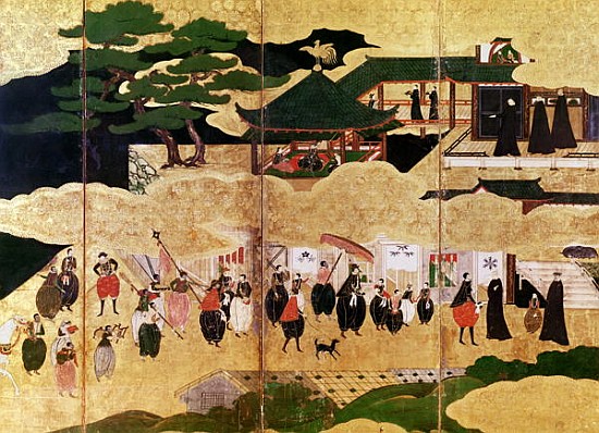 The Arrival of the Portuguese in Japan, detail of the right-hand section of a folding screen, Kano S von Japanese School