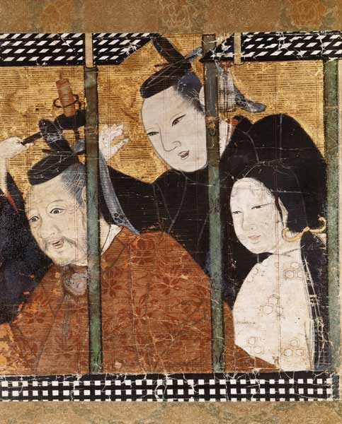 Two men and a woman behind an awning, detail from a screen, 15th-18th century von Japanese School