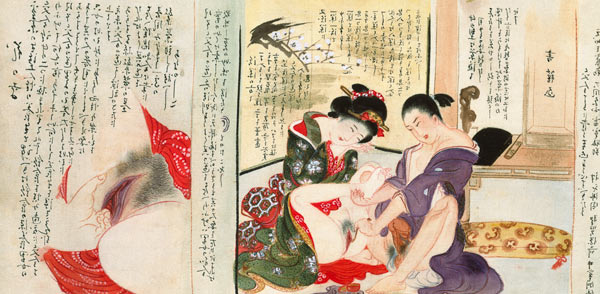 Two Erotic Illustrations from a scroll (w/c on silk) von Japanese School