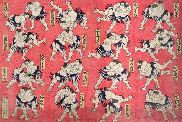 Sumo wrestlers (hand tinted wood engraving on paper) von Japanese School, (19th century)